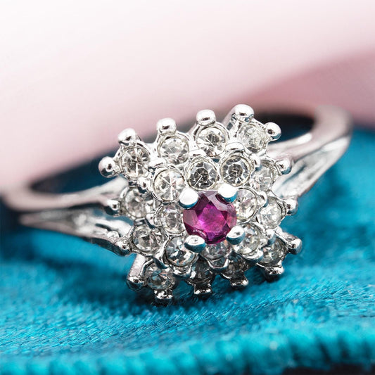 Vintage Austrian Crystal Burst Ring with Ruby Center Stone – 18kt White Gold Electroplated – Made in USA jewelry image 1