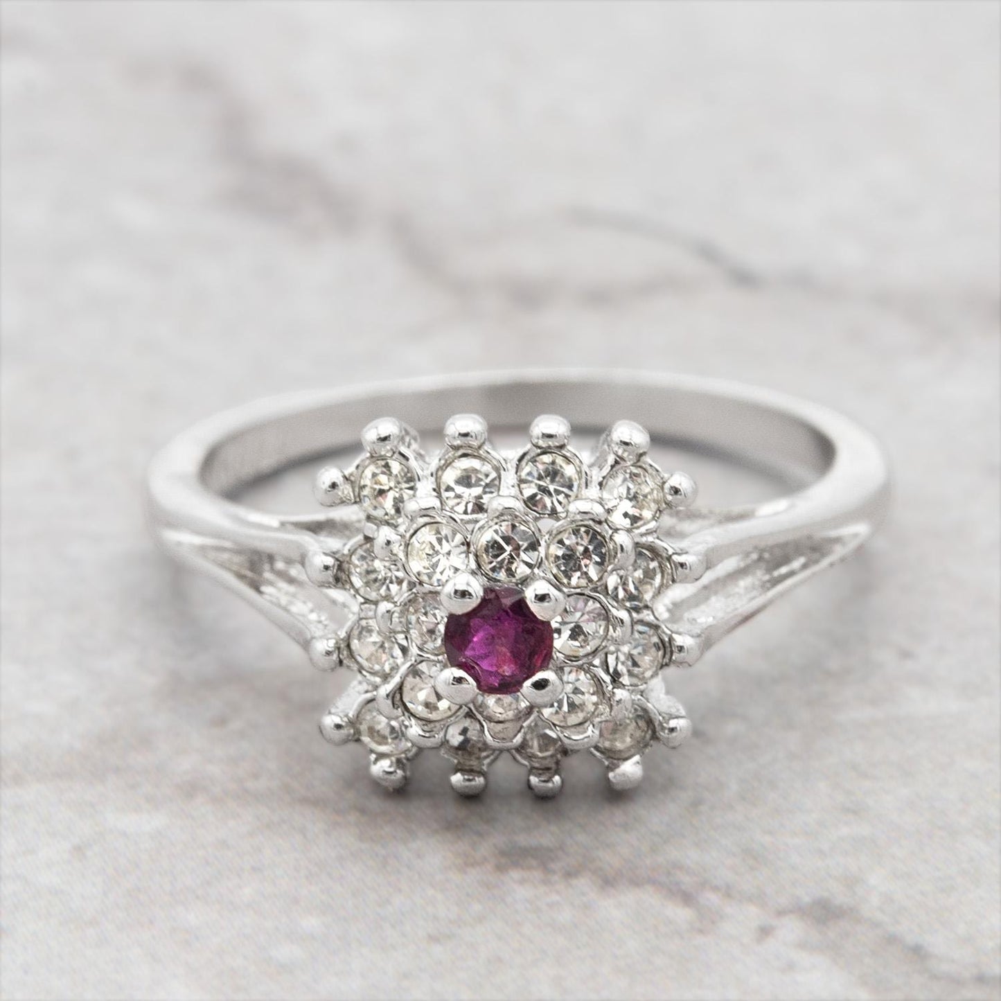 Vintage Austrian Crystal Burst Ring with Ruby Center Stone – 18kt White Gold Electroplated – Made in USA jewelry image 1