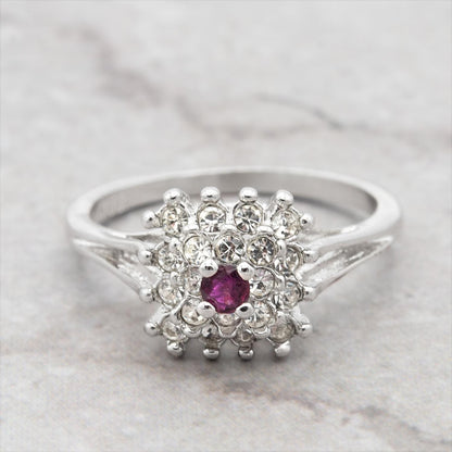 Vintage Austrian Crystal Burst Ring with Ruby Center Stone – 18kt White Gold Electroplated – Made in USA jewelry image 1