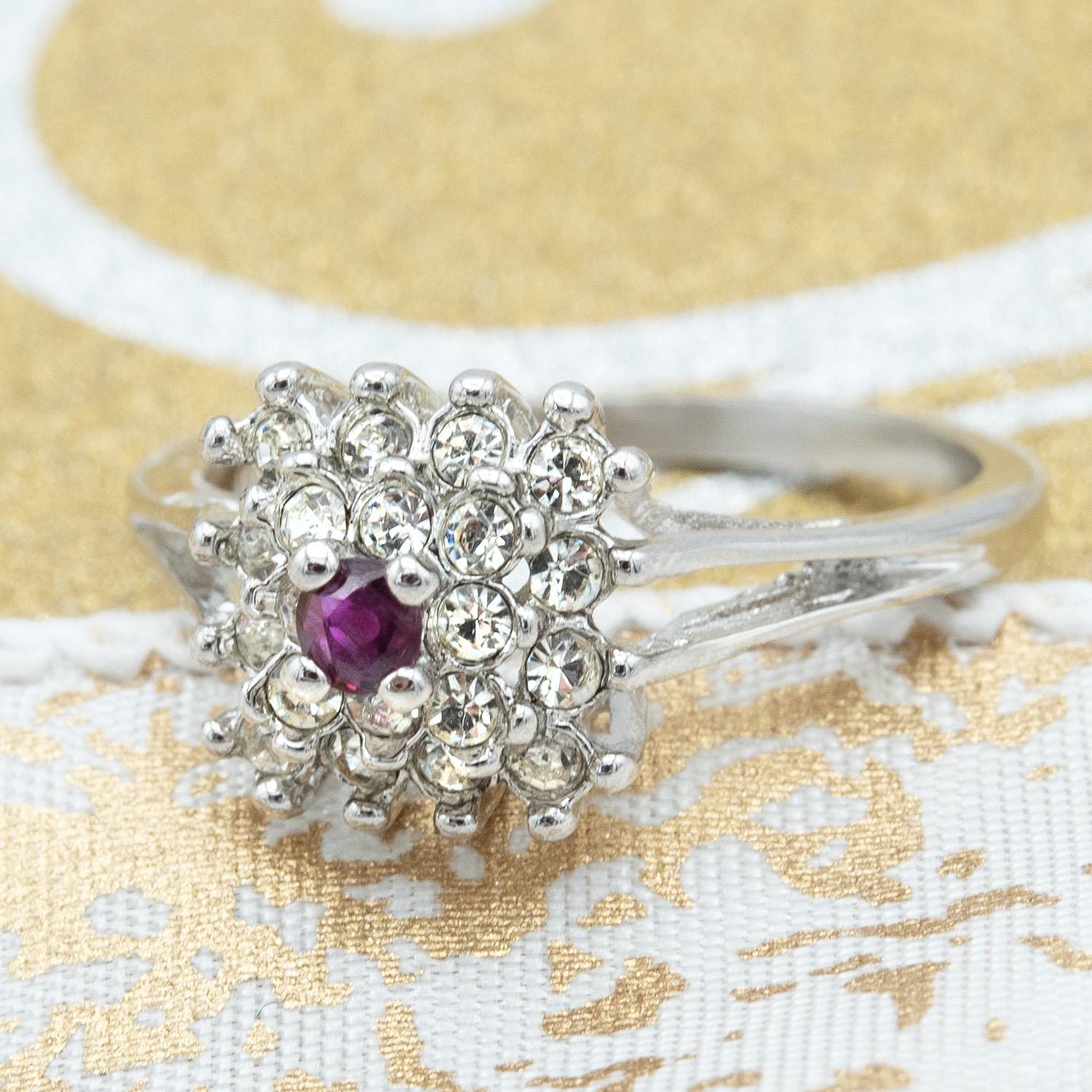 Vintage Austrian Crystal Burst Ring with Ruby Center Stone – 18kt White Gold Electroplated – Made in USA jewelry image 1