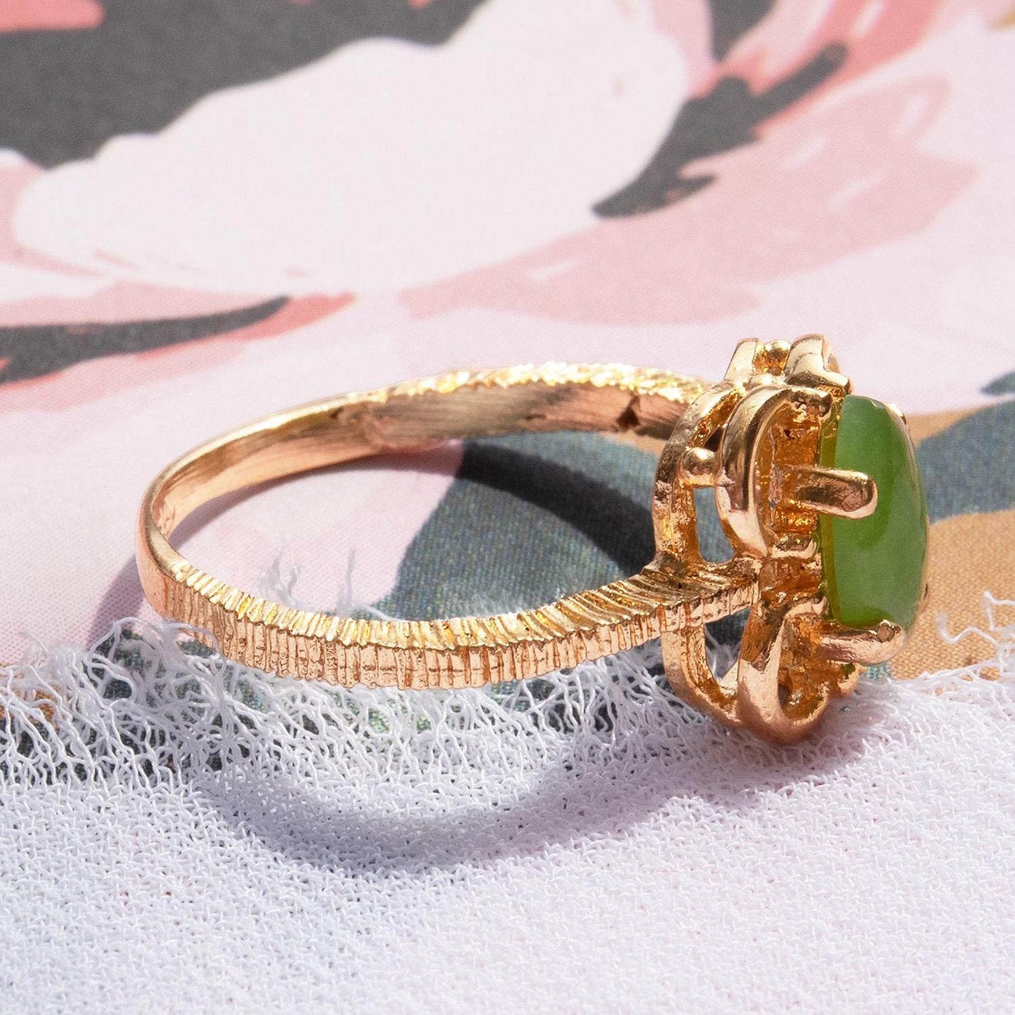 Vintage Genuine Jade Marquise Ring - 18k Gold Electroplated with Scrollwork Setting jewelry image 1