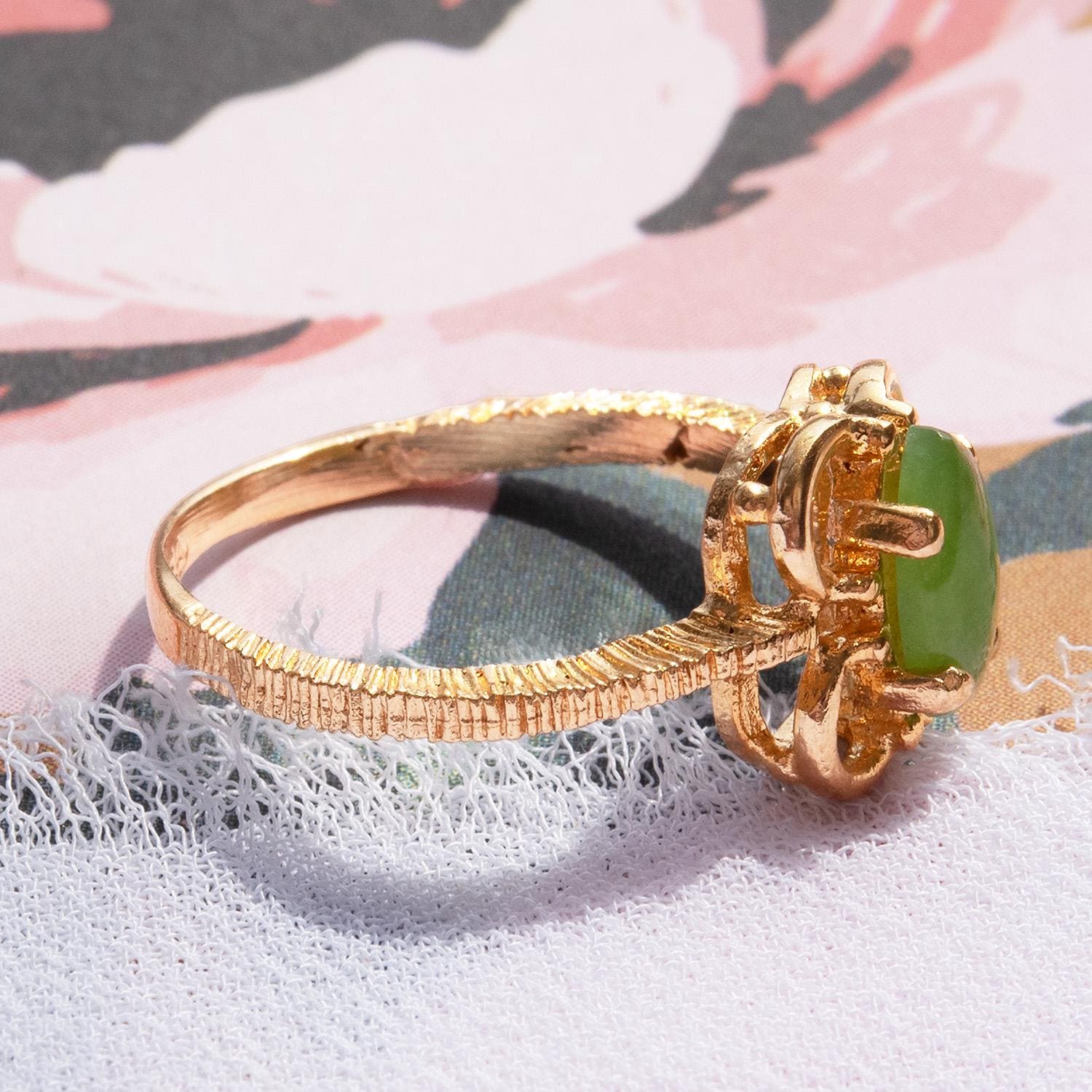 Vintage Genuine Jade Marquise Ring - 18k Gold Electroplated with Scrollwork Setting jewelry image 1