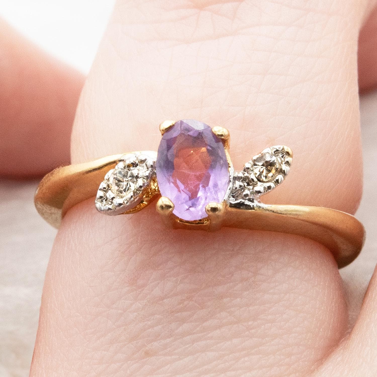 Vintage 1980s Genuine Amethyst and Clear Swarovski Crystal Ring - 18kt Gold Electroplated jewelry image 1