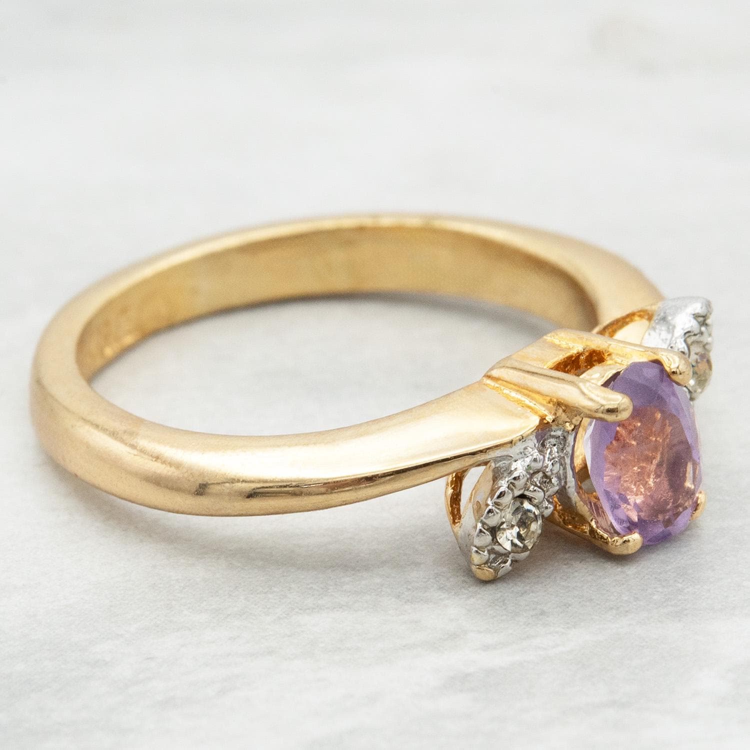 Vintage 1980s Genuine Amethyst and Clear Swarovski Crystal Ring - 18kt Gold Electroplated jewelry image 1
