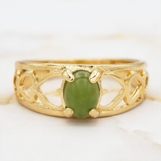 Vintage 18k Gold Electroplated Heart Cutout Band Ring with Genuine Jade jewelry image 1