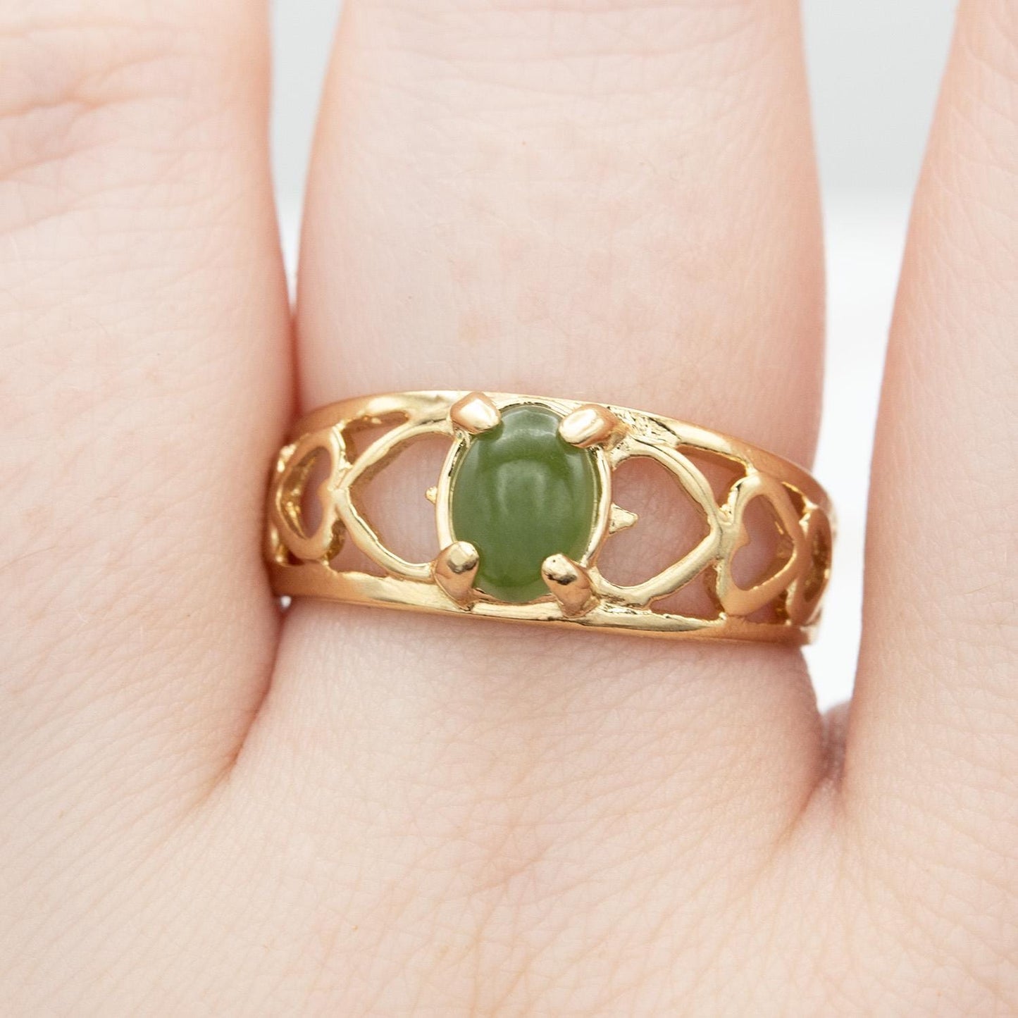 Vintage 18k Gold Electroplated Heart Cutout Band Ring with Genuine Jade jewelry image 1