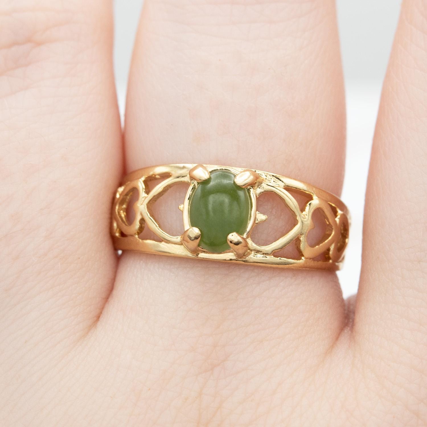 Vintage 18k Gold Electroplated Heart Cutout Band Ring with Genuine Jade jewelry image 1