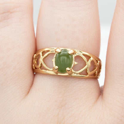 Vintage 18k Gold Electroplated Heart Cutout Band Ring with Genuine Jade jewelry image 1