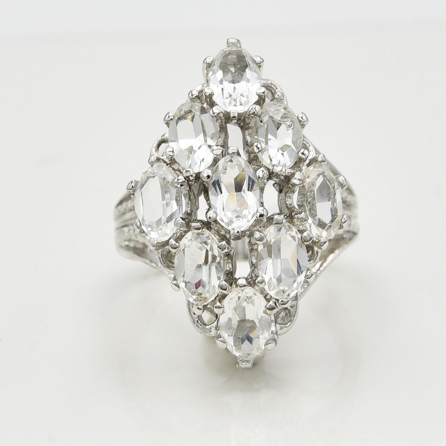 Vintage Cocktail Ring with Clear Austrian Crystals - 18k White Gold Electroplated - April Birthstone - Made in USA jewelry image 1
