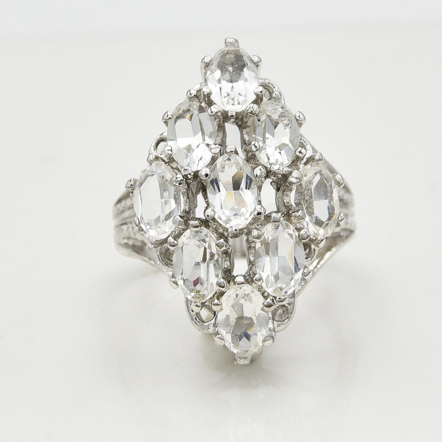 Vintage Cocktail Ring with Clear Austrian Crystals – 18K White Gold Electroplated – April Birthstone – Made in USA jewelry image 1