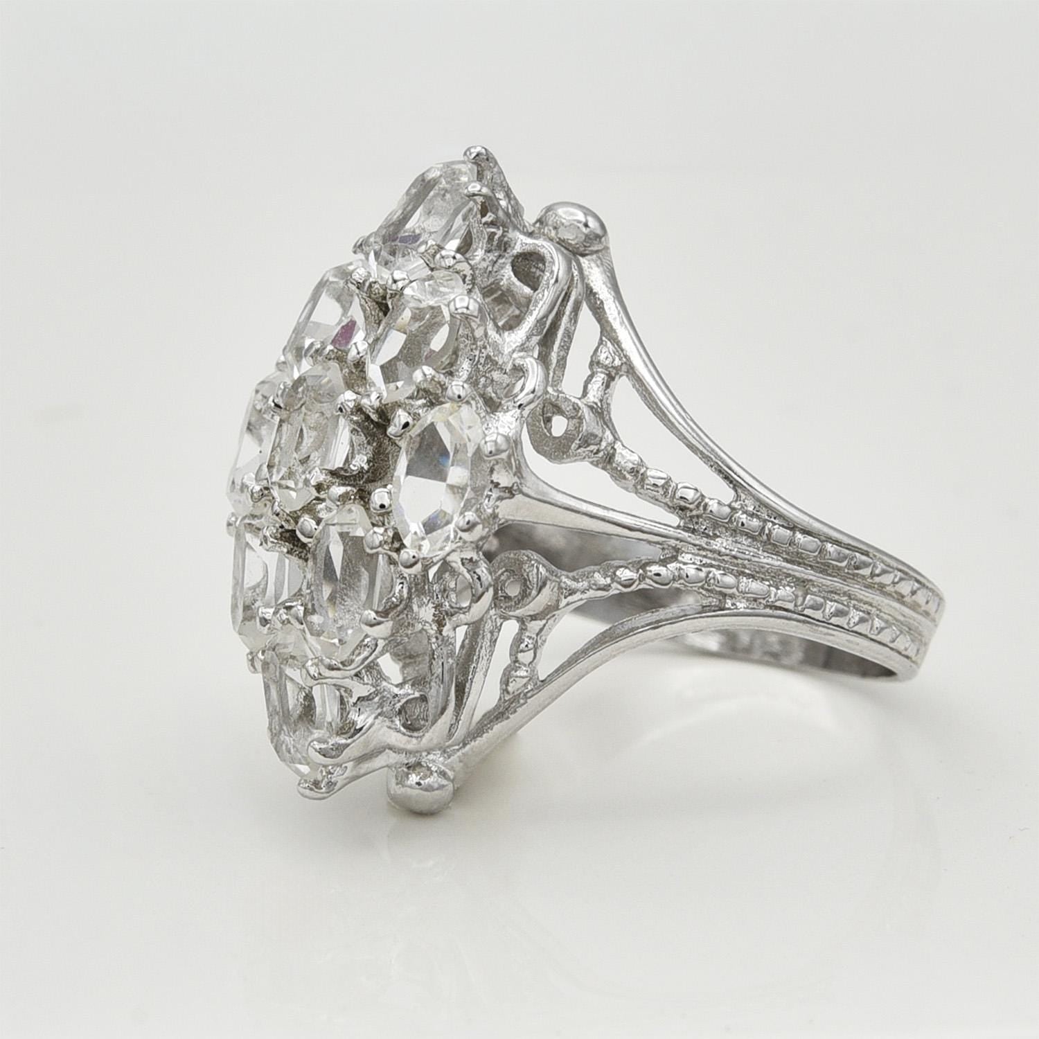 Vintage Cocktail Ring with Clear Austrian Crystals - 18k White Gold Electroplated - April Birthstone - Made in USA jewelry image 1