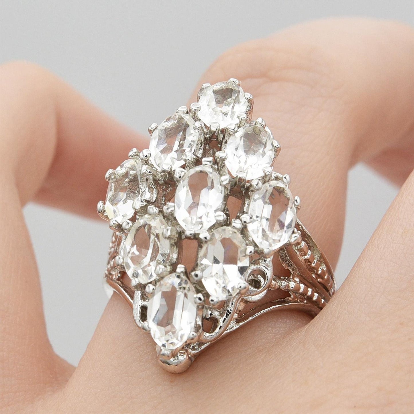 Vintage Cocktail Ring with Clear Austrian Crystals – 18K White Gold Electroplated – April Birthstone – Made in USA jewelry image 1