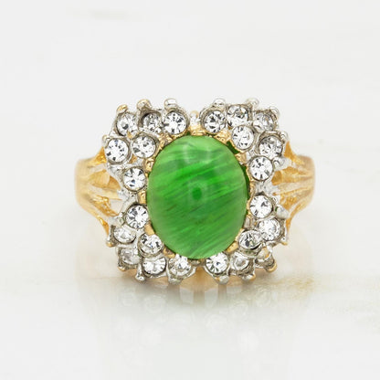 Vintage Emerald Green Crystal Cabochon & Clear Austrian Crystal Ring – 18kt Yellow Gold Electroplate jewelry image 1
