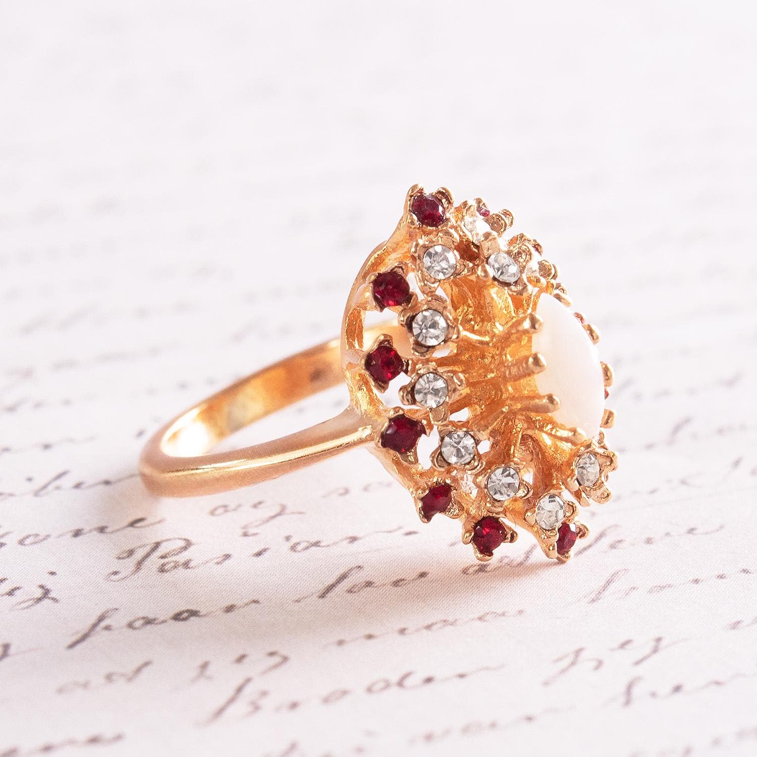 Vintage Genuine Opal Cocktail Ring with Ruby and Clear Austrian Crystals – 18kt Yellow Gold Electroplated jewelry image 1