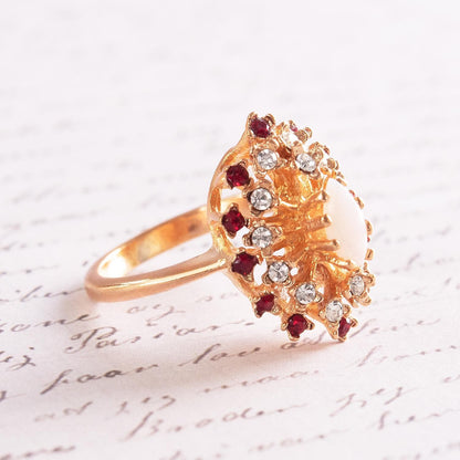 Vintage Genuine Opal Cocktail Ring with Ruby and Clear Austrian Crystals – 18kt Yellow Gold Electroplated jewelry image 1