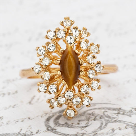 Vintage Genuine Tiger Eye Ring with Clear Austrian Crystals – 18kt Yellow Gold Electroplated jewelry image 1