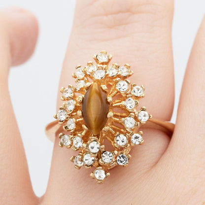 Vintage Genuine Tiger Eye and Clear Austrian Crystal Cocktail Ring 18kt Yellow Gold Electroplated jewelry image 1