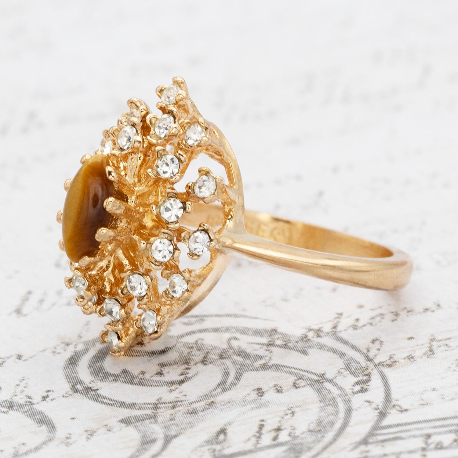 Vintage Genuine Tiger Eye Ring with Clear Austrian Crystals – 18kt Yellow Gold Electroplated jewelry image 1
