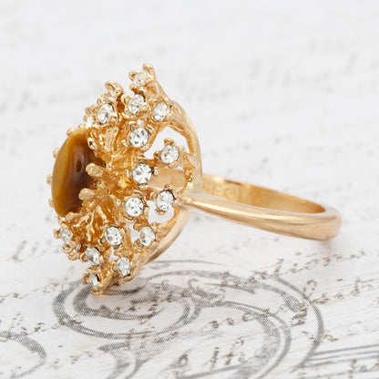 Vintage Genuine Tiger Eye Ring with Clear Austrian Crystals – 18kt Yellow Gold Electroplated jewelry image 1
