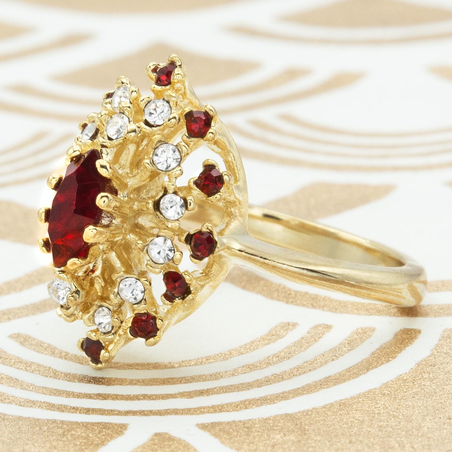 Vintage Genuine Opal and Ruby Austrian Crystal Cocktail Ring - 18kt Yellow Gold Electroplated jewelry image 1