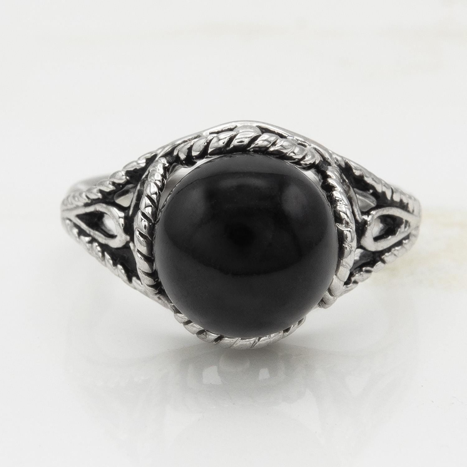 Vintage 1970s Faux Black Pearl Bead Ring – Antiqued 18k White Gold Electroplated Filigree – Made in USA jewelry image 1