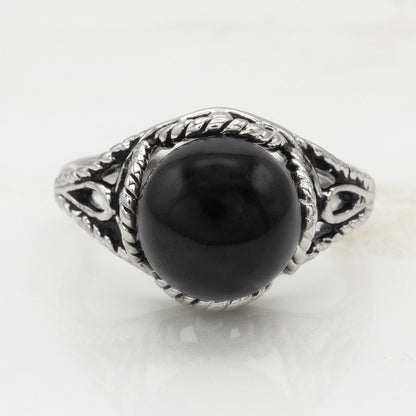 Vintage 1970s Faux Black Pearl Bead Ring – Antiqued 18k White Gold Electroplated Filigree – Made in USA jewelry image 1