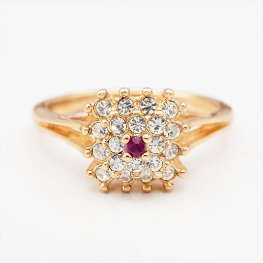 Vintage Genuine Ruby and Clear Austrian Crystal Cluster Ring – 18k Yellow Gold Electroplated jewelry image 1