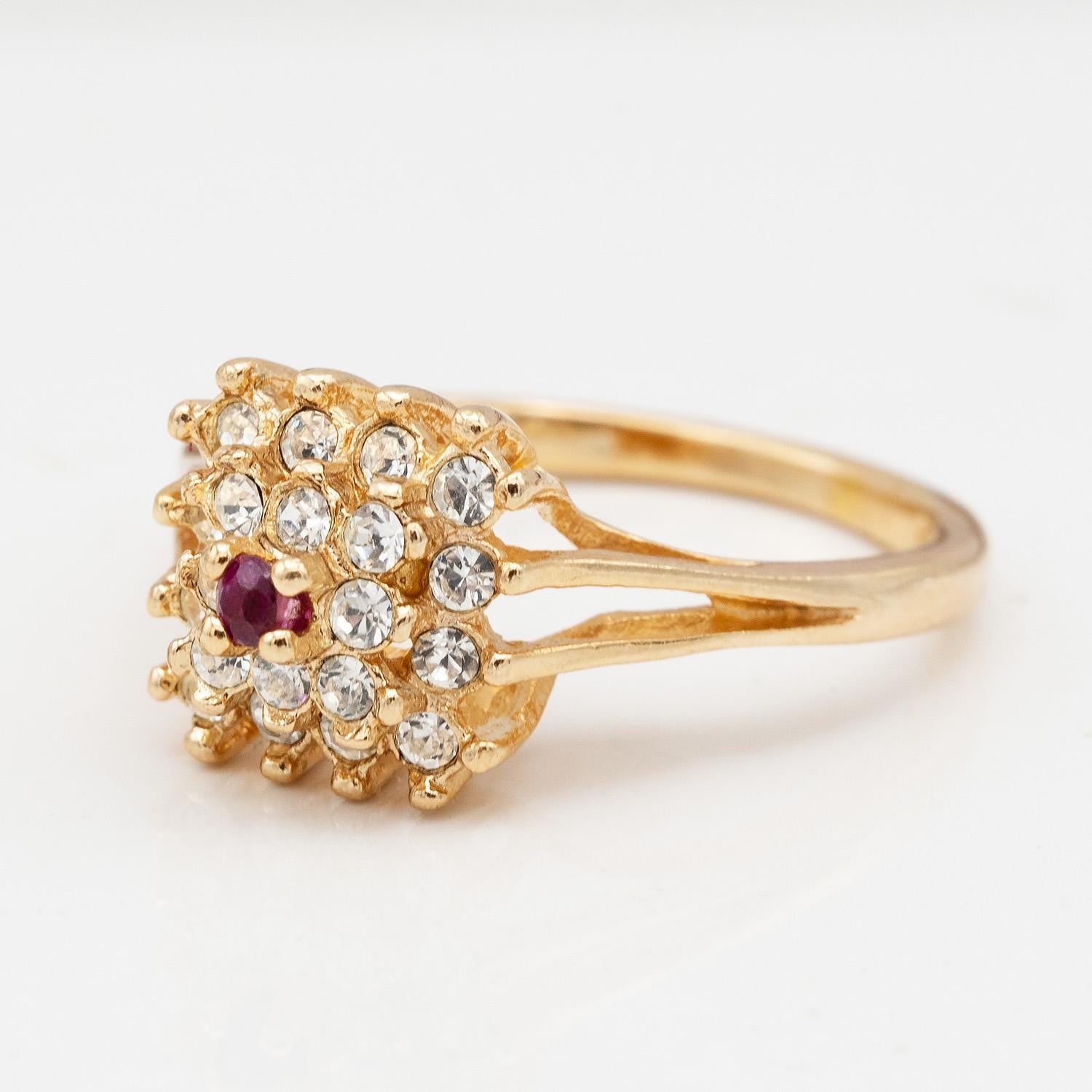 Vintage Genuine Ruby and Clear Austrian Crystal Cluster Ring – 18k Yellow Gold Electroplated jewelry image 1