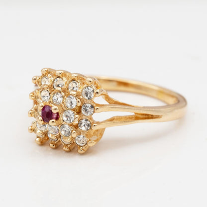 Vintage Genuine Ruby and Clear Austrian Crystal Cluster Ring – 18k Yellow Gold Electroplated jewelry image 1