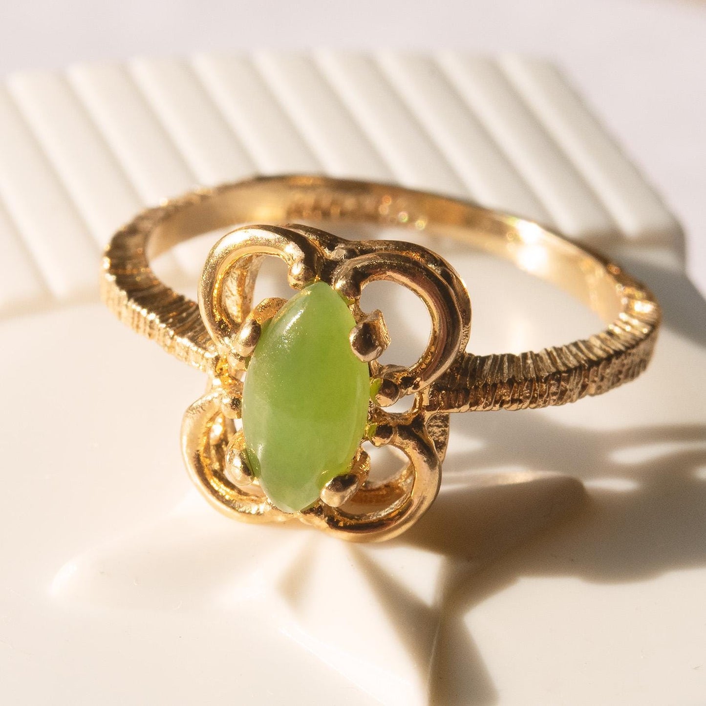 Vintage Genuine Jade Marquise Ring - 18k Gold Electroplated with Scrollwork Setting jewelry image 1