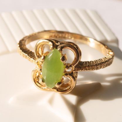 Vintage Genuine Jade Marquise Ring - 18k Gold Electroplated with Scrollwork Setting jewelry image 1