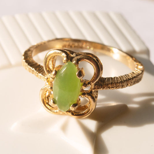 Vintage Genuine Jade Marquise Ring - 18k Gold Electroplated with Scrollwork Setting jewelry image 1