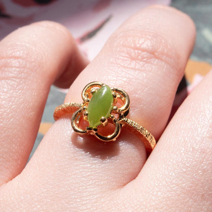Vintage Genuine Jade Marquise Ring - 18k Gold Electroplated with Scrollwork Setting jewelry image 1