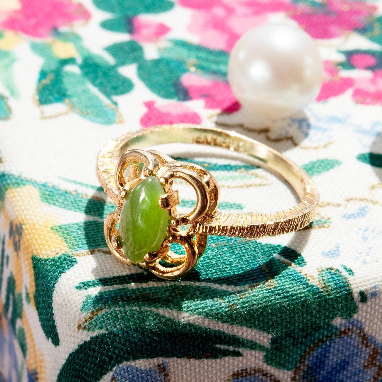 Vintage Genuine Jade Marquise Ring - 18k Gold Electroplated with Scrollwork Setting jewelry image 1