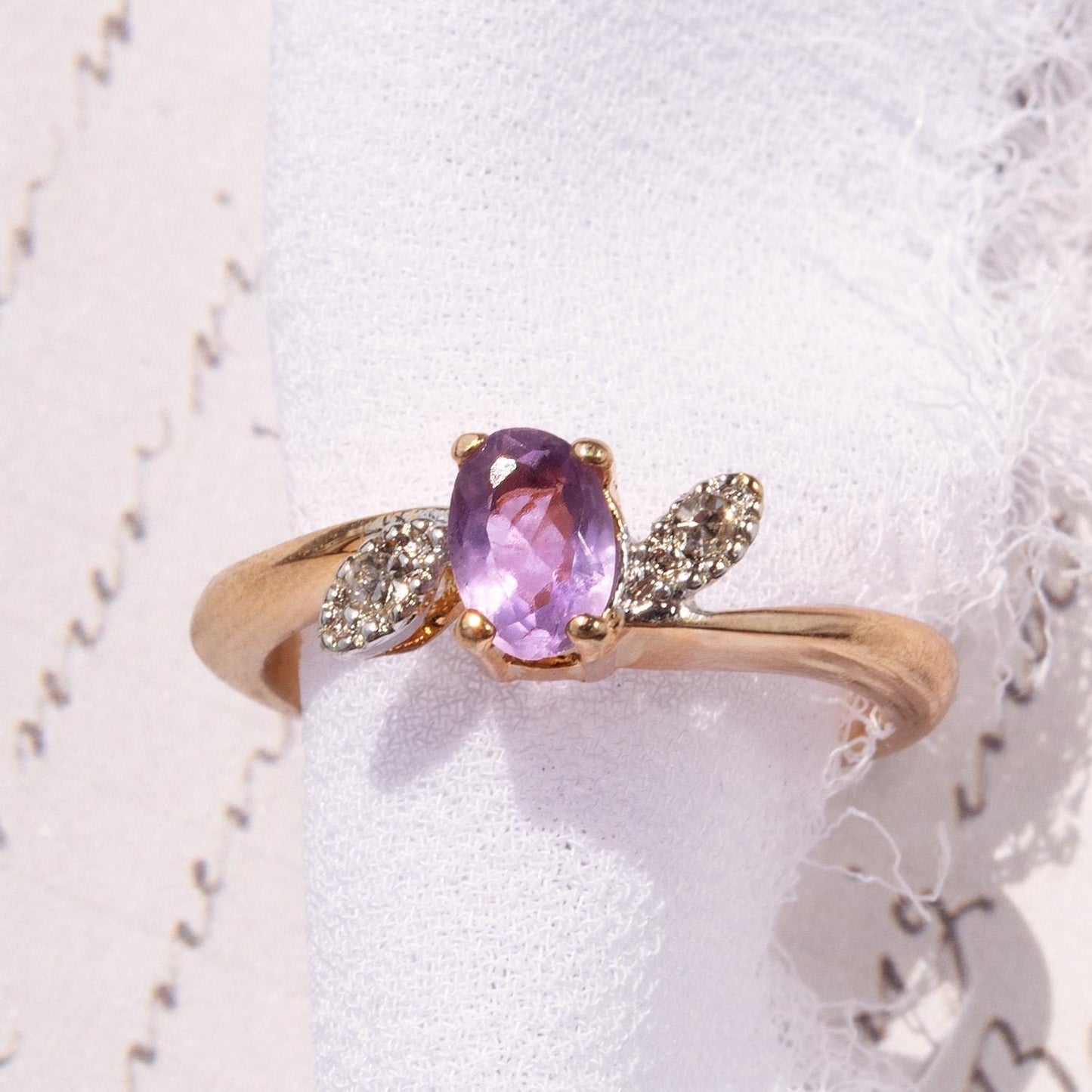 Vintage 1980s Genuine Amethyst and Clear Swarovski Crystal Ring - 18kt Gold Electroplated jewelry image 1