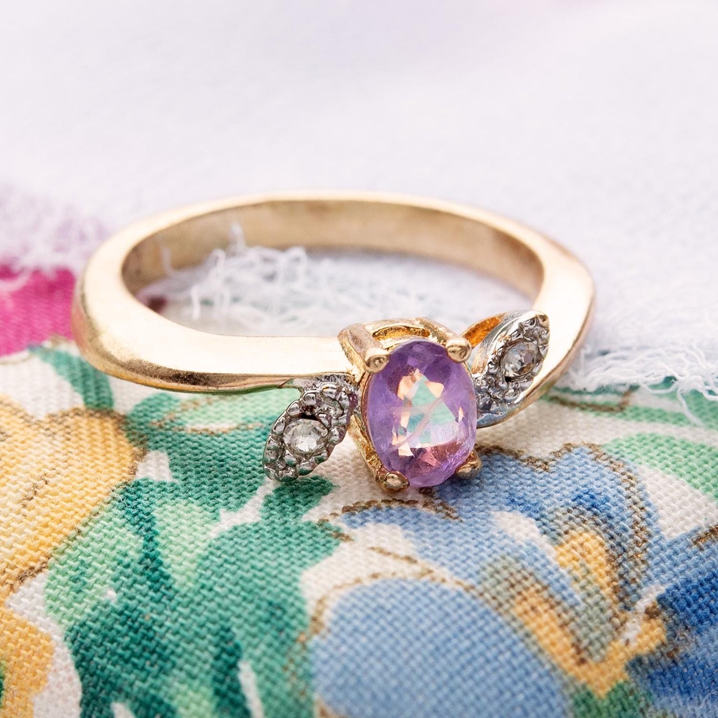 Vintage 1980s Genuine Amethyst and Clear Swarovski Crystal Ring - 18kt Gold Electroplated jewelry image 1