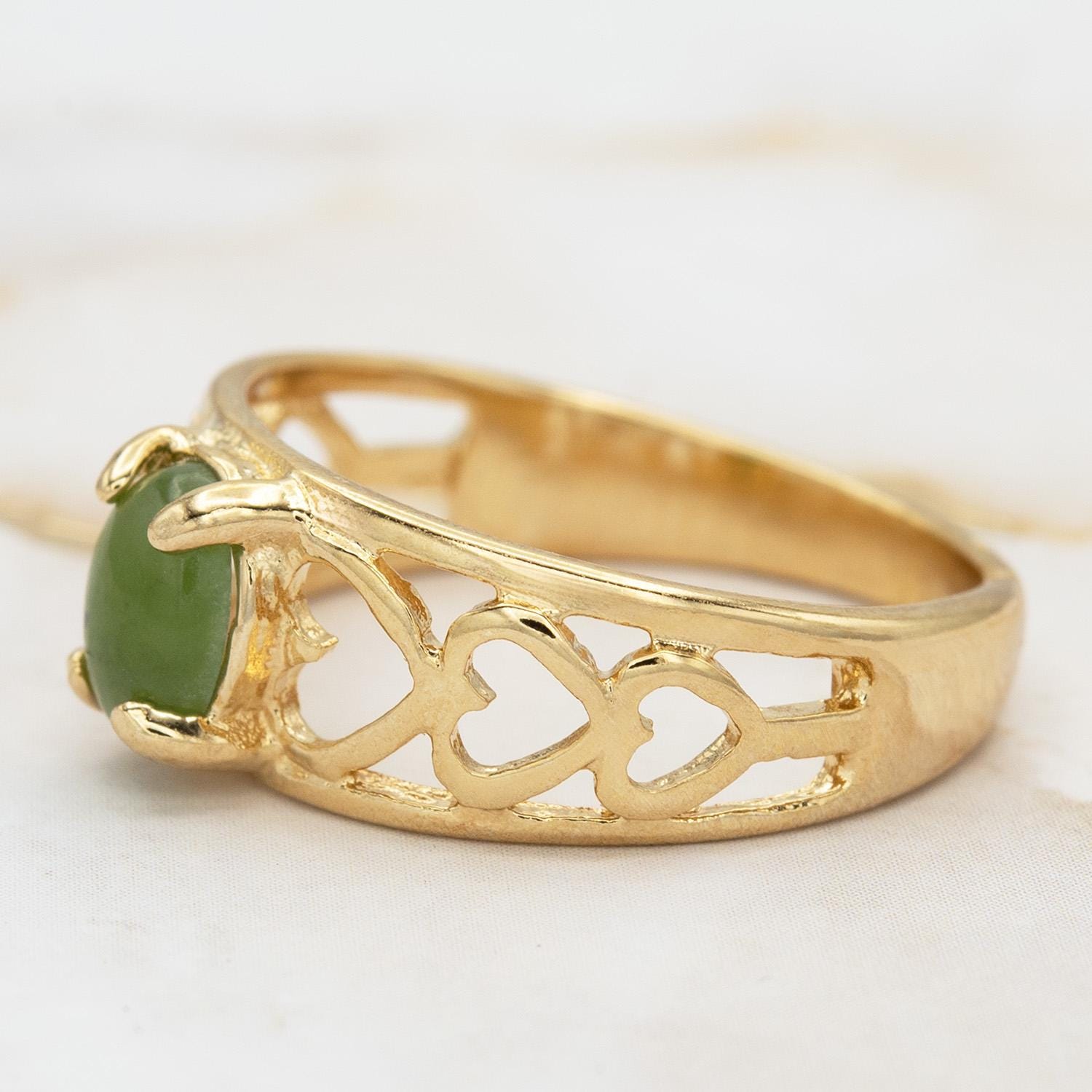 Vintage 18k Gold Electroplated Heart Cutout Band Ring with Genuine Jade jewelry image 1