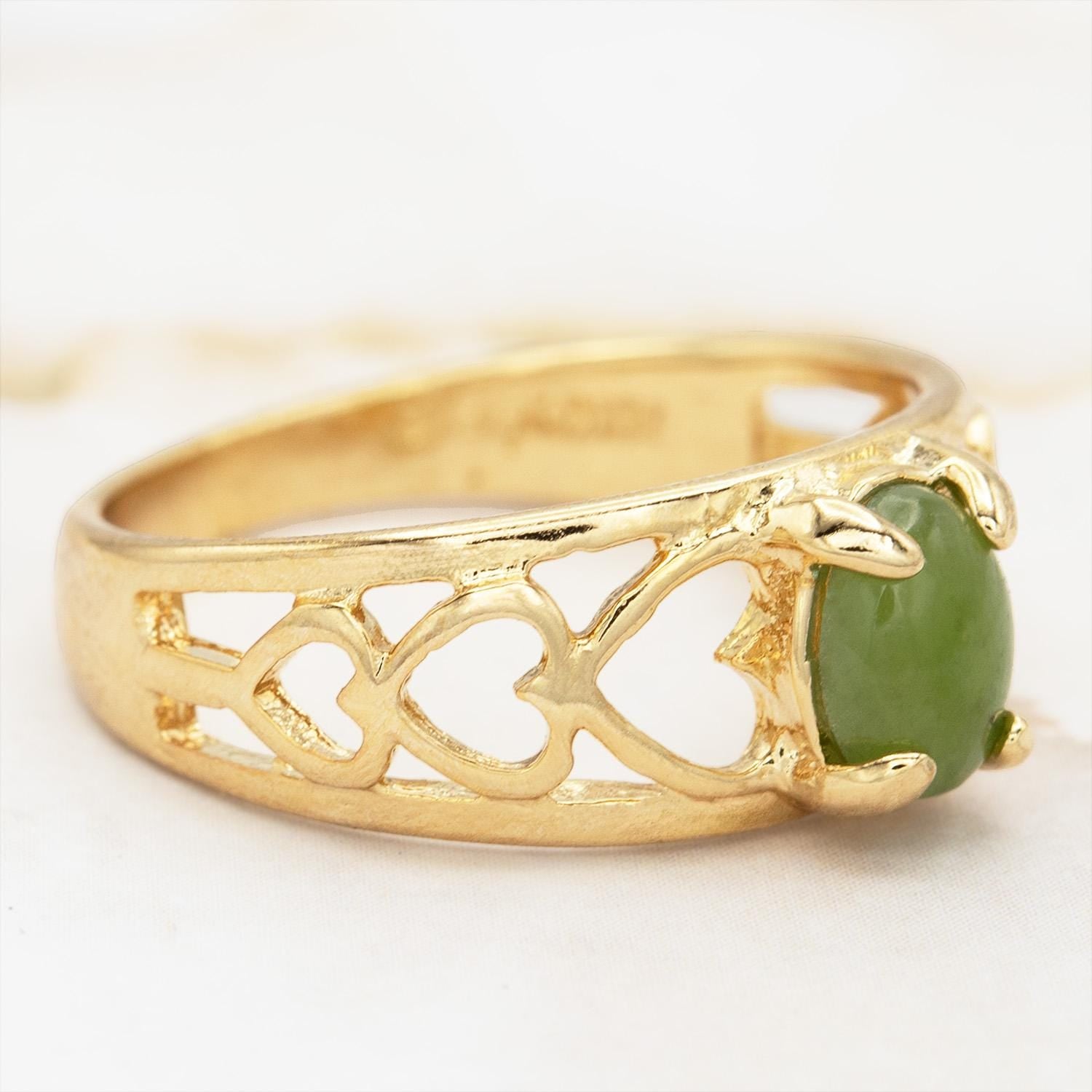 Vintage 18k Gold Electroplated Heart Cutout Band Ring with Genuine Jade jewelry image 1