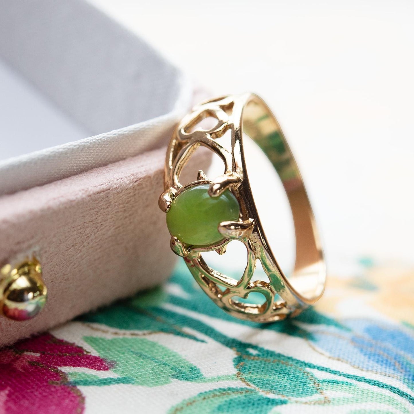 Vintage 18k Gold Electroplated Heart Cutout Band Ring with Genuine Jade jewelry image 1