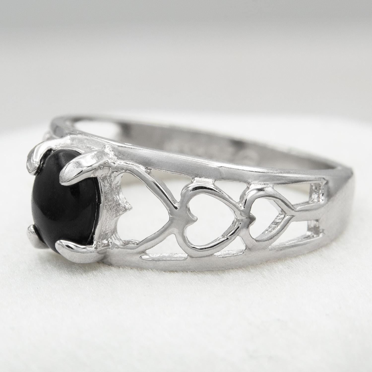 Vintage Genuine Onyx Heart Cutout Band Ring – 18k White Gold Electroplated jewelry image 1