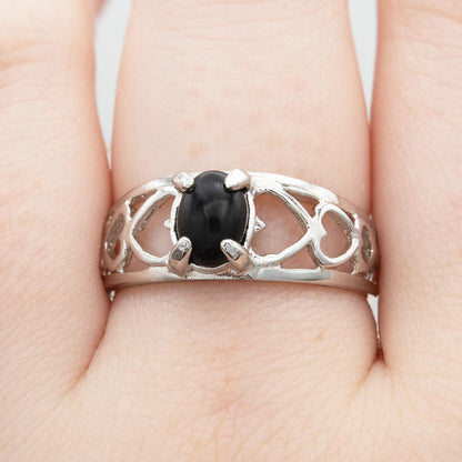 Vintage Genuine Onyx Heart Cutout Band Ring – 18k White Gold Electroplated jewelry image 1