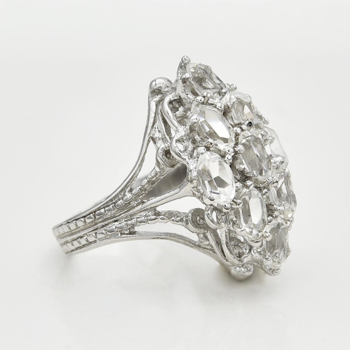 Vintage Cocktail Ring with Clear Austrian Crystals - 18k White Gold Electroplated - April Birthstone - Made in USA jewelry image 1