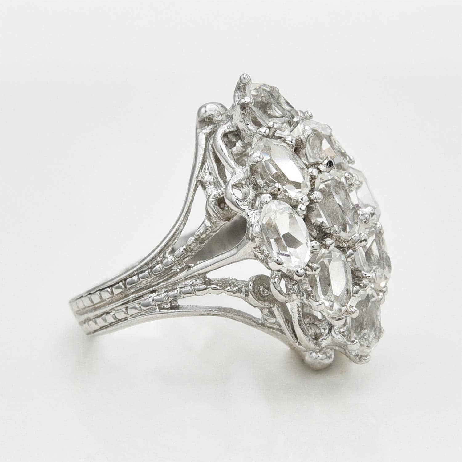 Vintage Cocktail Ring with Clear Austrian Crystals - 18k White Gold Electroplated - April Birthstone - Made in USA jewelry image 1