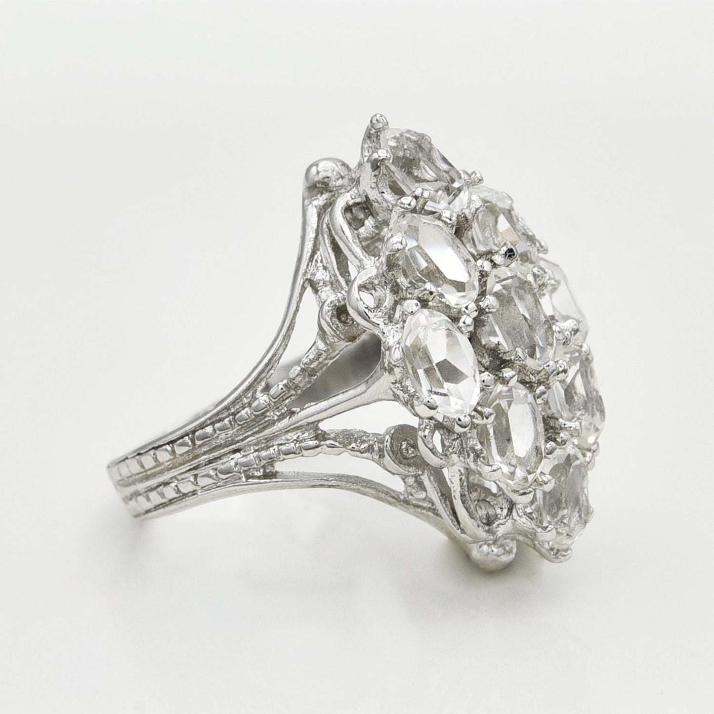 Vintage Cocktail Ring with Clear Austrian Crystals – 18K White Gold Electroplated – April Birthstone – Made in USA jewelry image 1