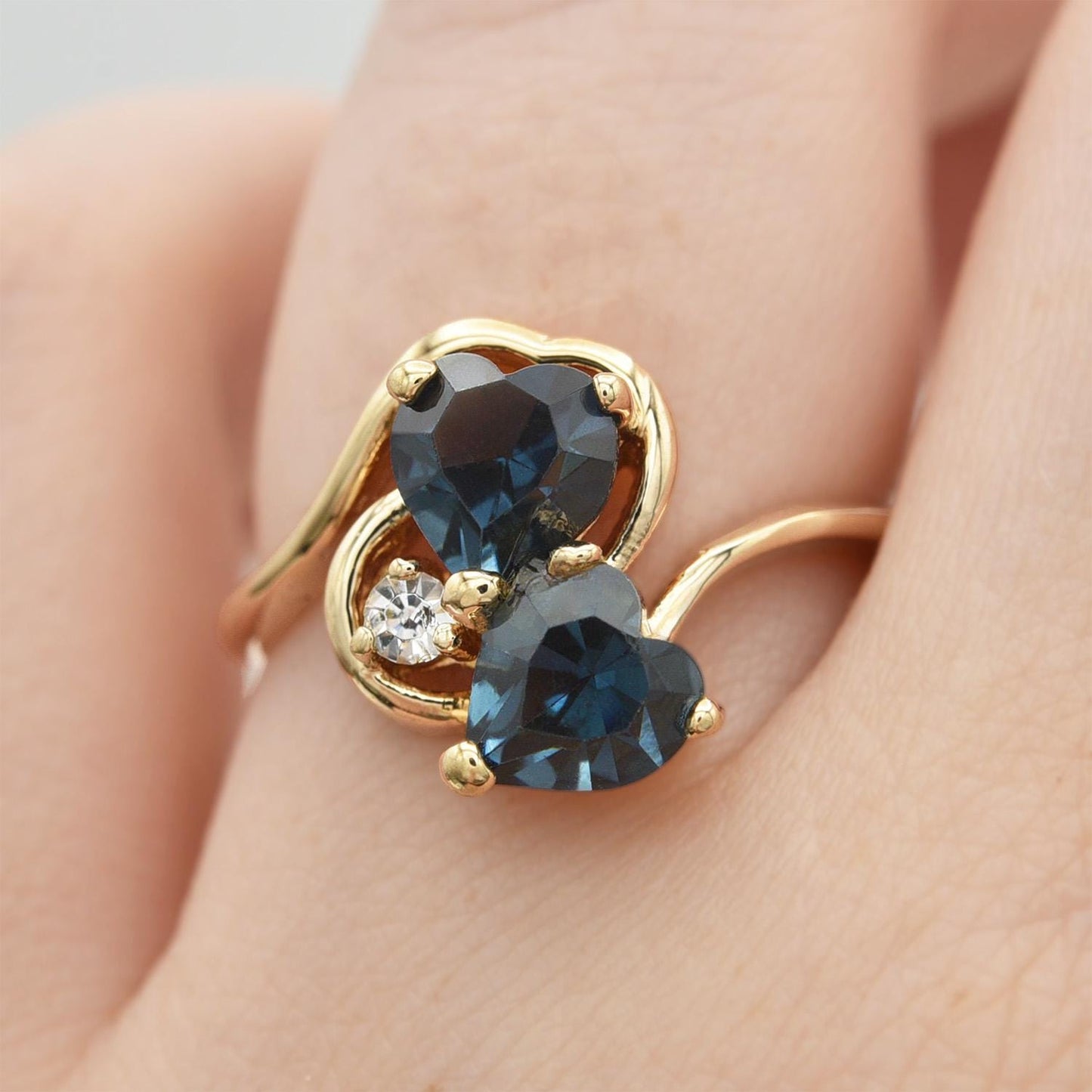 Vintage Double Heart Sapphire Blue Austrian Crystal Ring - 18k Gold Electroplated jewelry image 1