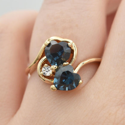 Vintage Double Heart Sapphire Blue Austrian Crystal Ring - 18k Gold Electroplated jewelry image 1