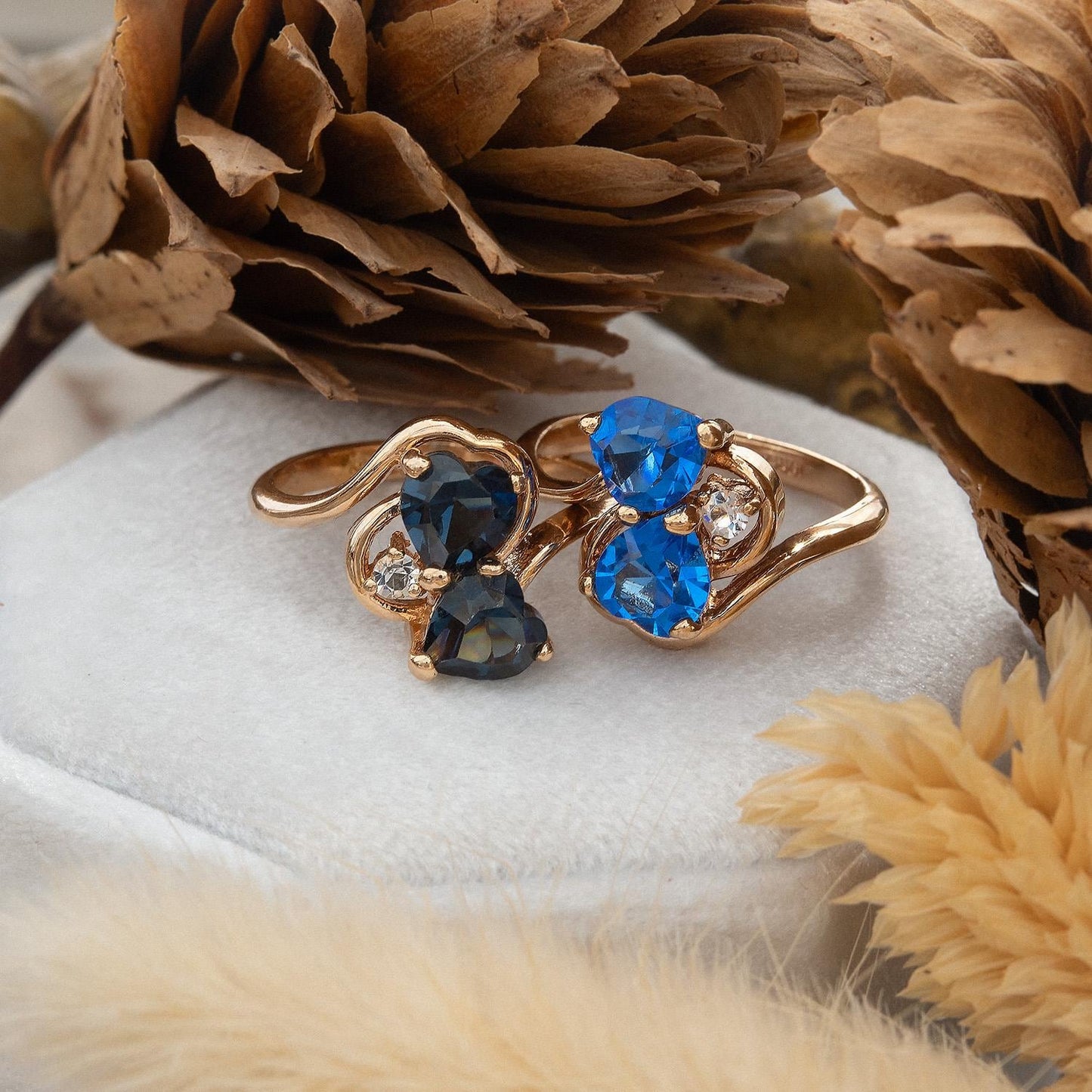 Vintage Double Heart Sapphire Blue Austrian Crystal Ring - 18k Gold Electroplated jewelry image 1