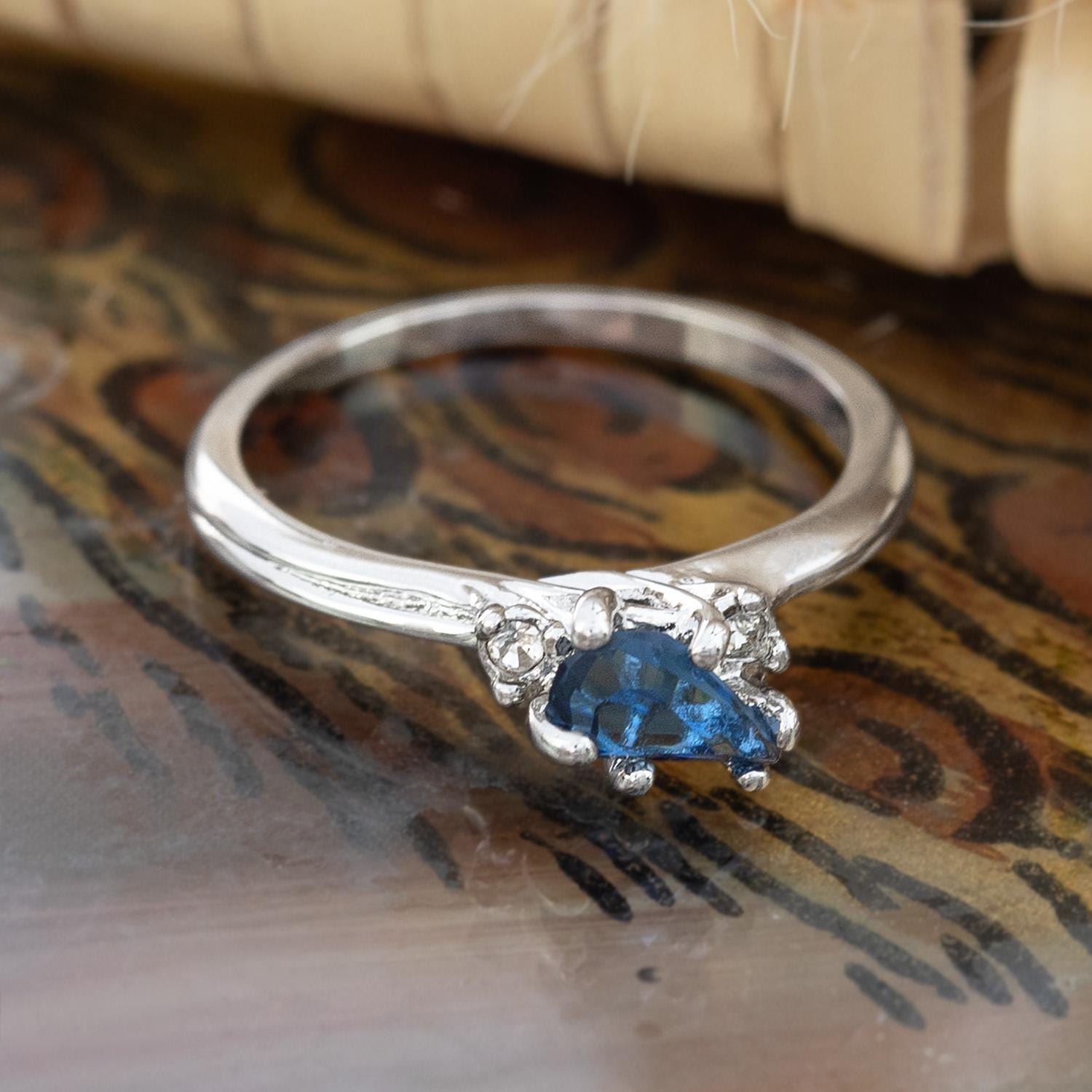 Vintage 18k White Gold Electroplated Sapphire Austrian Crystal Ring - Made in USA jewelry image 1