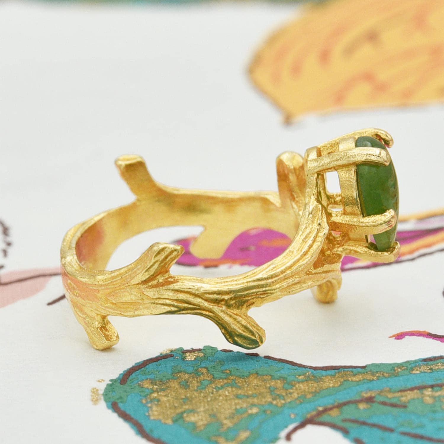 Vintage Genuine Jade 18K Yellow Gold Electroplated Twig Style Ring - Made in USA jewelry image 1