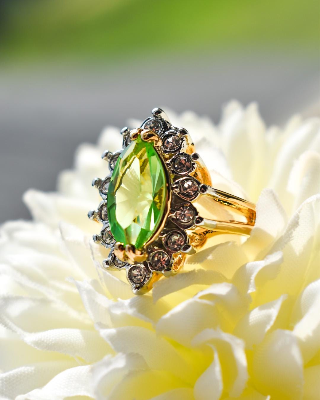 Vintage 1980s Peridot and Clear Austrian Crystal Ring - 18k Yellow Gold Electroplated - August Birthstone - Made in USA jewelry image 1